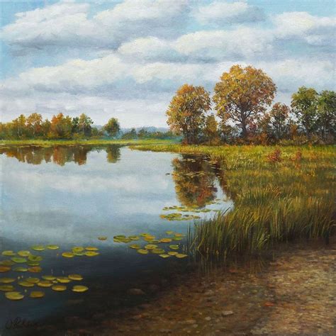 an oil painting of a lake with lily pads in the foreground and clouds in the background