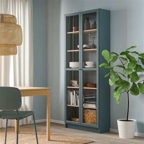 BILLY Bookcase with glass-doors, grey-turquoise/white stained oak ...