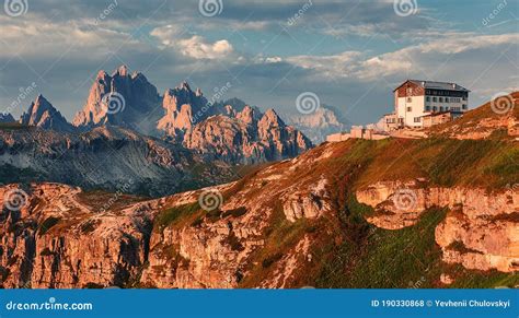 Wonderful Sunny Landscape of Dolomite Alps during Sunrise. Panoramic ...