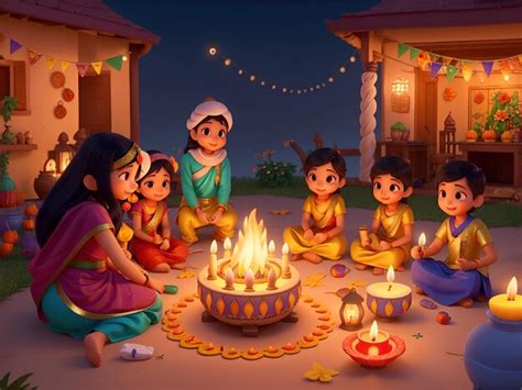 Premium Photo | 3D cartoon scene of kids celebrating diwali