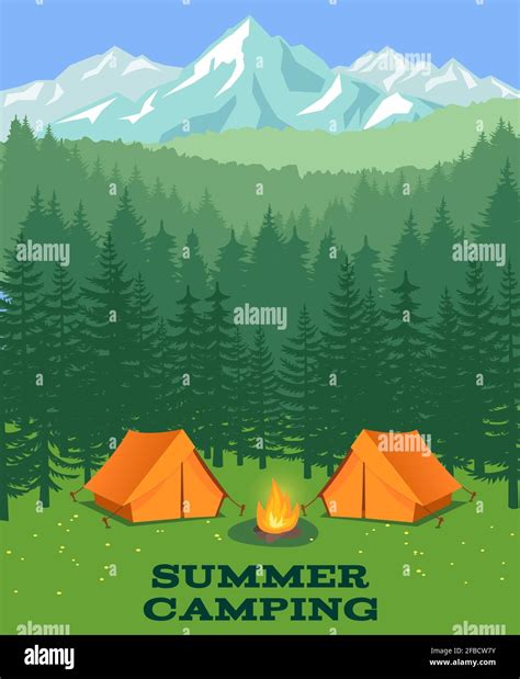 Forest camping vector illustration. Tourist tent on glade. Adventure and rest in summer wood ...