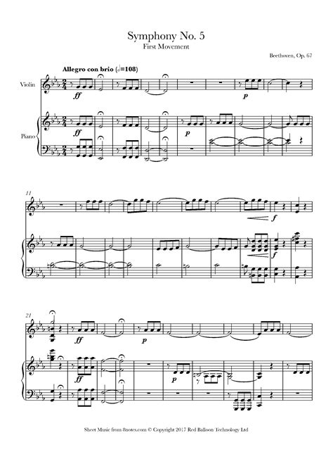 Beethoven - Symphony No. 5 First Movement Allegro con brio (extract) sheet music for Violin ...