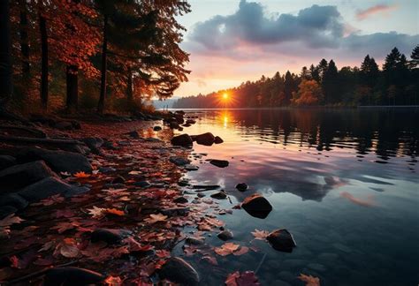 Premium Photo | Sunrise with Leaves in the Lake in Autumn