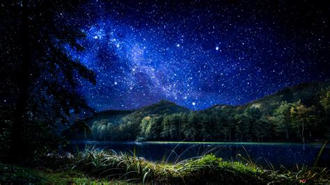 Starry Sky over Mountain and Lake 4K wallpaper download