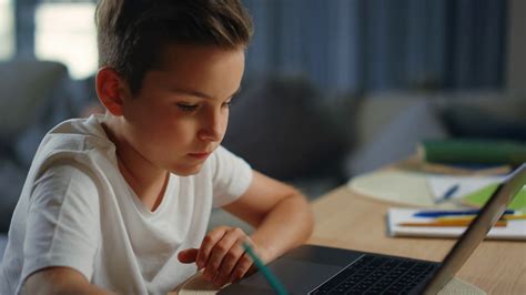 Young Boy Studying With Laptop Online Stock Footage SBV-338882881 ...