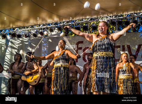 Maori native women performing doing the haka (war dance) at Melbourne ...