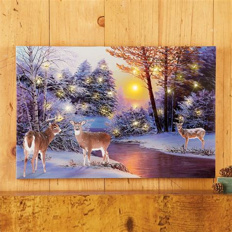 Majestic Riverside Deer Lighted Canvas Wall Art - Woodland Stream Snow ...