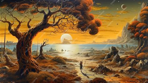 Premium AI Image | A painting of a landscape with a man walking on the beach.