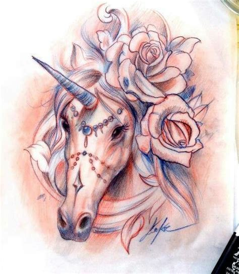 a drawing of a unicorn with roses on its head