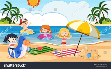 Children Beach On Summer Holiday Illustration Stock Vector (Royalty ...