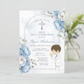 Boy Praying First Holy Communion Dusty Blue Floral Invitation | Zazzle