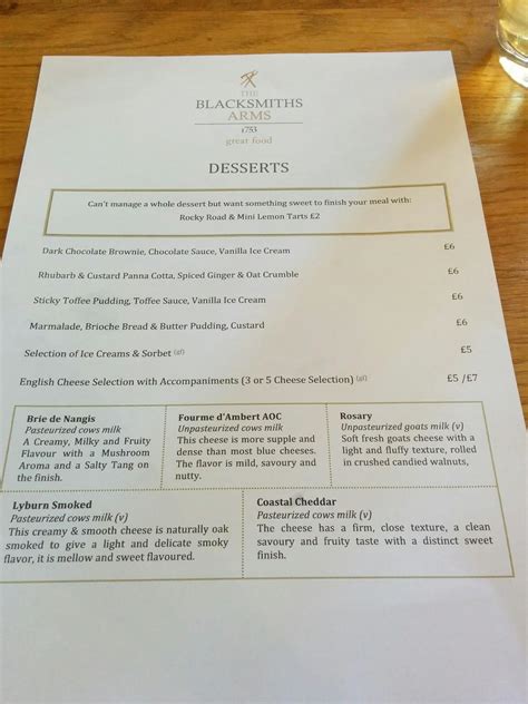 Menu at The Blacksmiths Arms restaurant, Barrow upon Soar, 2-4 Church Lane