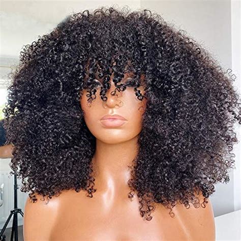 Amazon.com : Afro Kinky Curly Wig With Bangs Full Machine Made Scalp Top Wig 200 Density Virgin ...