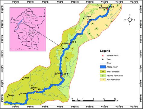 Geologic map showing the sampling stations along the Adada River ...