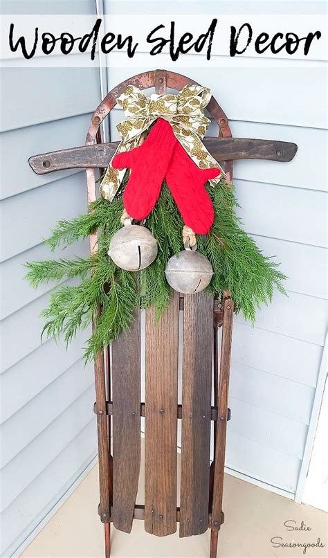 Wooden Sled Decor with Sweater Mittens for the Front Porch