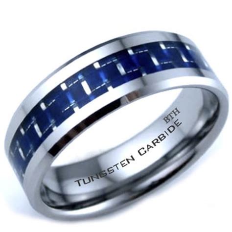 Tungsten Carbide Blue Carbon Inlay Scratch Proof Mens Wedding Band Ring