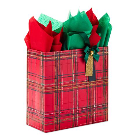 12.5" Red Plaid With Bell Extra-Large Christmas Gift Bag With Tissue ...