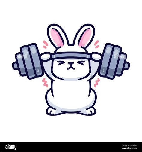 Gym bunny, cute cartoon white rabbit lifting heavy barbell. Funny fitness and exercise drawing ...