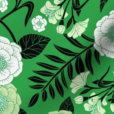Green, Black & White Floral Pattern Fabric | Spoonflower