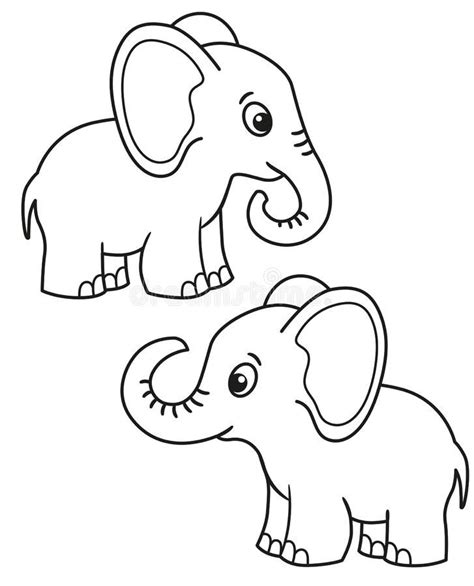 Cute set of cartoon elephant, vector black and white illustrations for children`s coloring ...