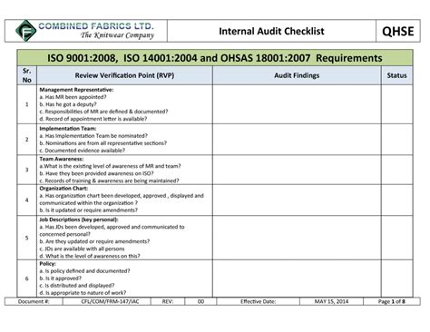 Internal Audit Checklist Template Word