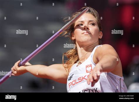 Maria Andrejczyk, of Poland, competes in qualifications for the women's ...