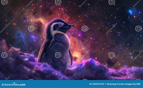 Beautiful Baby Penguin on Icebergs in a Dreamlike Starry Nebula ...