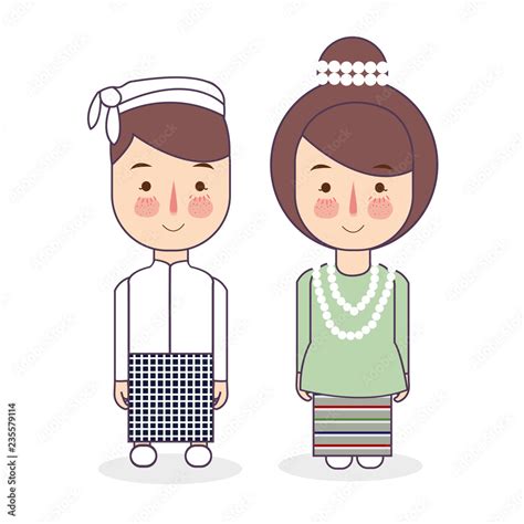 Burmese couple traditional national clothes of Myanmar. Set of cartoon ...