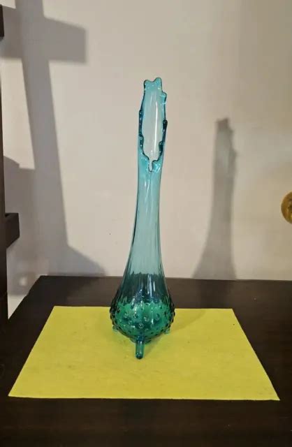 LE SMITH SWUNG Glass Vase Blue Three 3 Wheeler Diamond Ribbed 18” MCM Vtg. READ $99.99 - PicClick