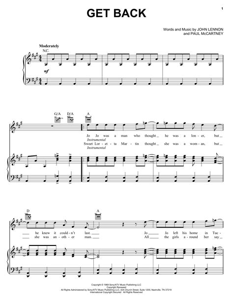 Get Back by The Beatles Sheet Music for Piano, Vocal & Guitar Chords ...