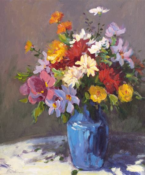 Blue vase of Spring Flowers Painting by Helmut Pete Beckmann | Saatchi Art | Flower art painting ...