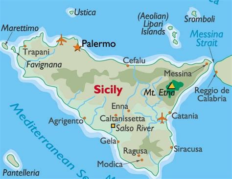 A detailed Map of Sicily in Italy, showing main cities, villages ...