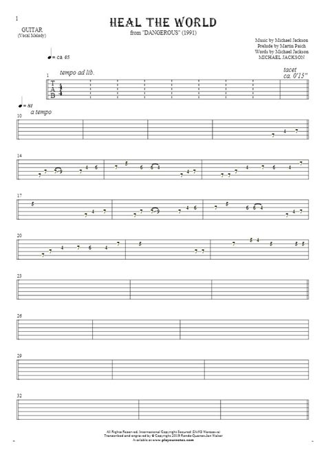 Heal The World - Tablature for guitar - melody line | PlayYourNotes