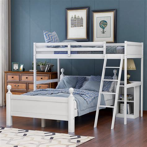 Euroco Wood Bunk Bed, Twin Over Full Loft Bed with Storage Cabinet, White - Walmart.com ...