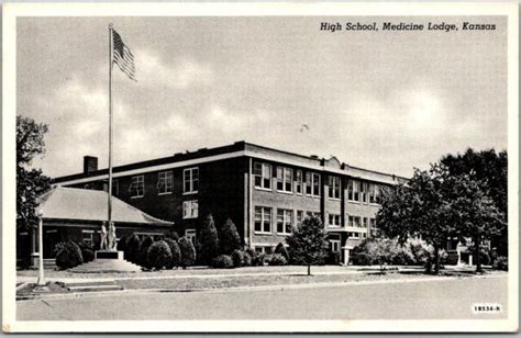 Medicine Lodge, Kansas Postcard HIGH SCHOOL Building Street View ...