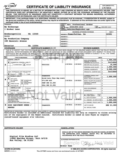 Sample Certificate Of Insurance - Dalep.midnightpig.co with Small ...