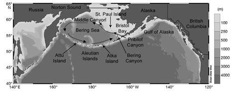 Map of the North Pacific Ocean with a depth key. Dotted lines indicate ...