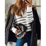 Sweaters for Women Zip Up Crew Neck Long Sleeve Striped Knitted ...