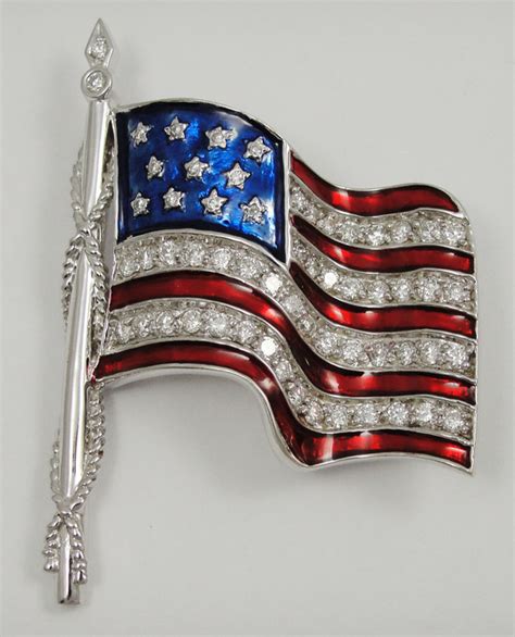 High Quality, 18kt White Gold, 1.84ct Diamonds & Enamel American Flag ...