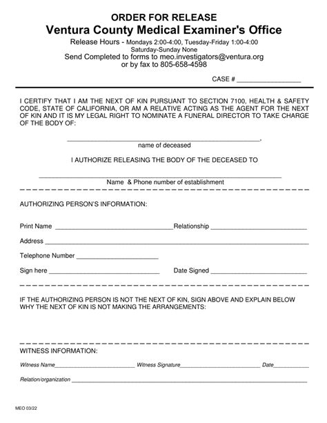 Ventura County, California Order for Release - Fill Out, Sign Online and Download PDF ...