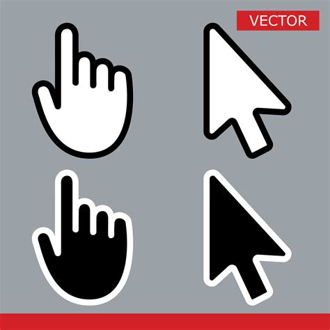 White and black arrow cursors and hand cursors icons signs with rounded ...