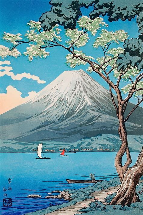 Japanese Art Print Mount Fuji from Lake Yamanaka by Takahashi Hiroaki ...