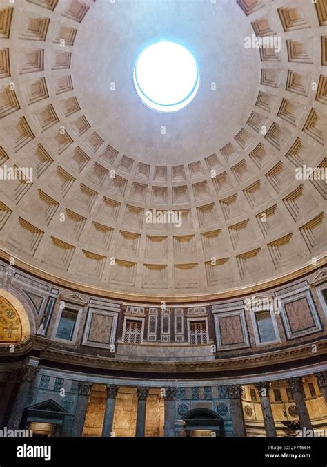 Pantheon oculus in Rome, Italy. Dome open window in roof, interior. Inside famous antique roman ...