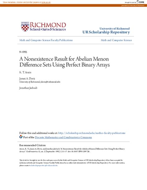 (PDF) A nonexistence result for abelian menon difference sets using perfect binary arrays | K ...