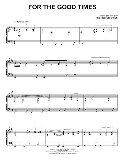 Kris Kristofferson "For The Good Times" Sheet Music & Chords | Download 1-Page Printable PDF ...