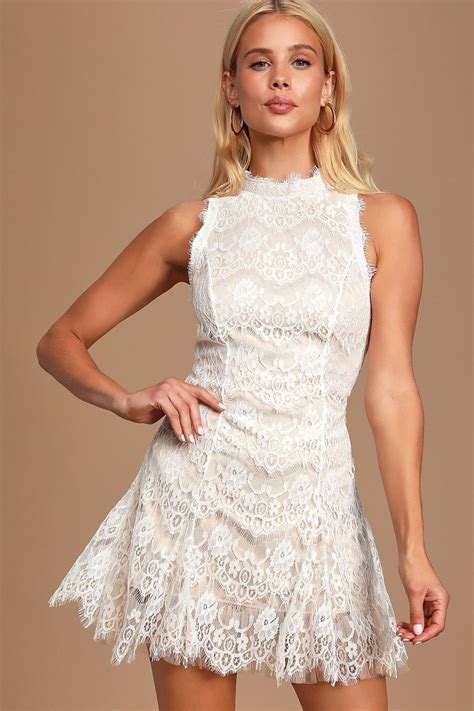 Pin by Jennifer Solomon on white in 2020 | Mock neck mini dress, Short lace dress, White lace shorts
