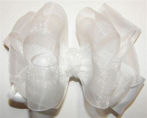 White Hair Bow, Flower Girls Hair Clip, White Organza Satin Hair Bow ...