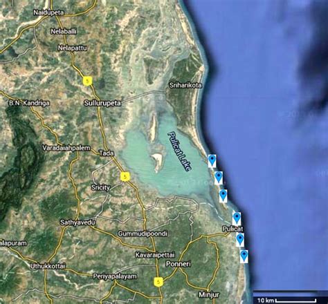 Map of Pulicat lagoon showing the six sampling sites | Download ...