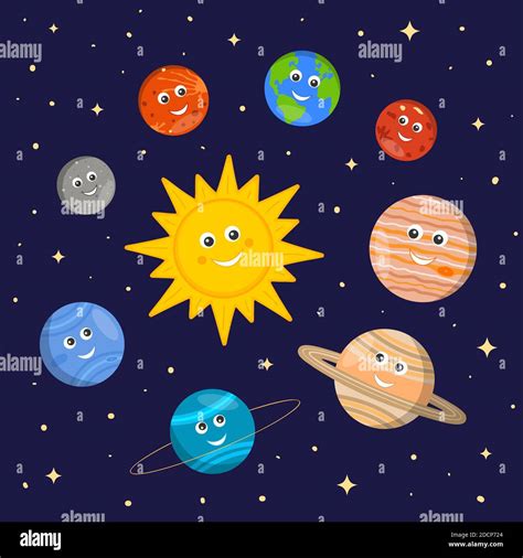 Solar system for kids. Cute sun and planets characters in cartoon style ...