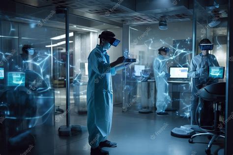 Premium Photo | A man in a lab wearing a vr headset stands in front of a glass wall with a blue ...